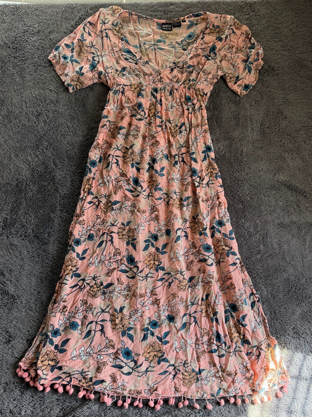 Boho Pink FloralPom-Pom Hem Casual Dress